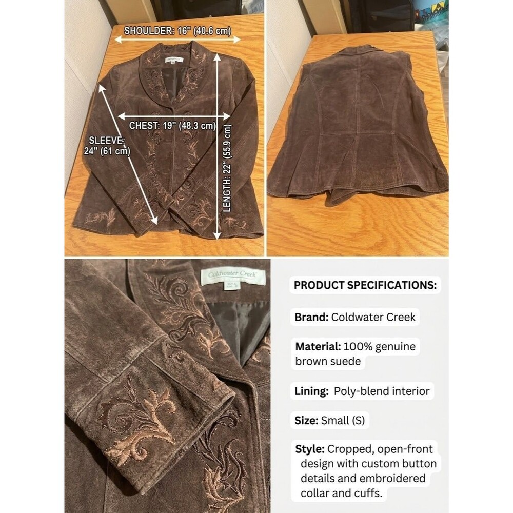 Coldwater Creek Womens Petite Small Brown Suede Embroidered Beaded Jacket PS - Picture 14 of 14